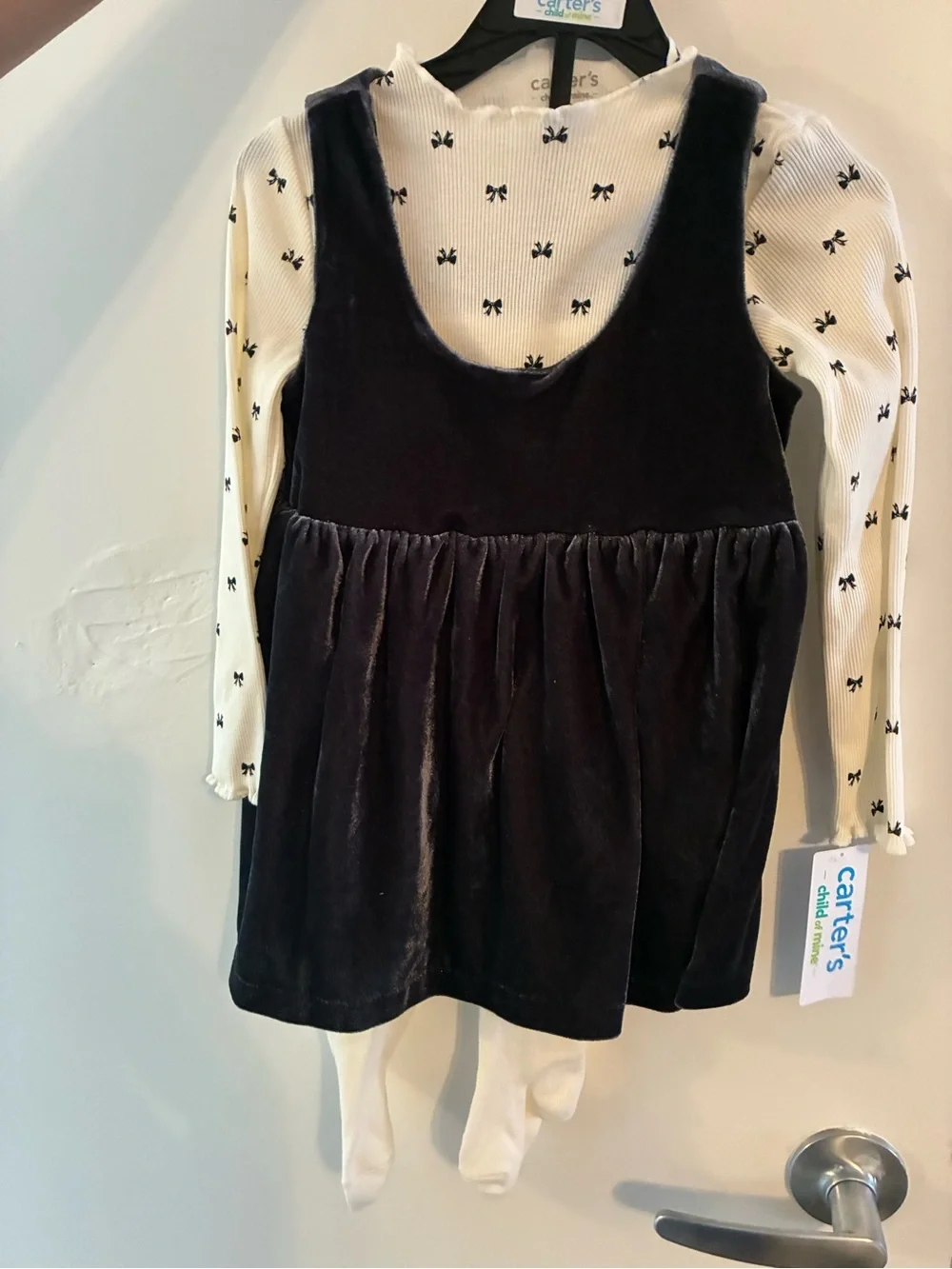 Carter's Black Velvet Pinafore Dress with Cream Bow-Print Top